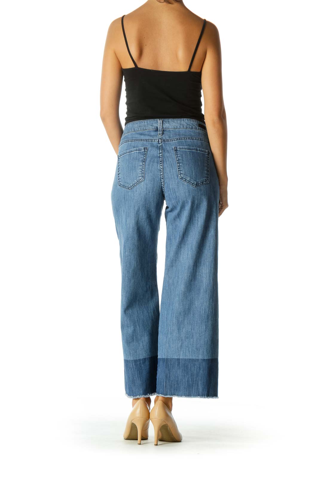 Blue Raw Hem Color Block Wide Leg Stretch Cropped Denim Pants