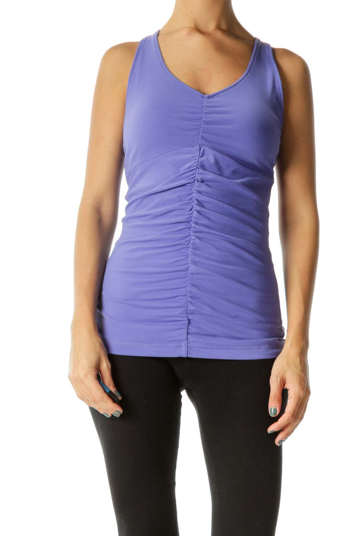 Purple V-Neck Scrunched Detail Sports Tank Top with Built-In Support Bra