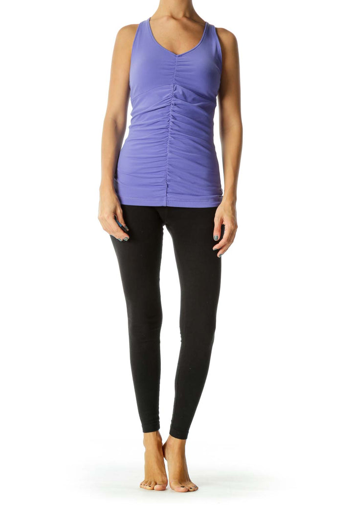 Purple V-Neck Scrunched Detail Sports Tank Top with Built-In Support Bra