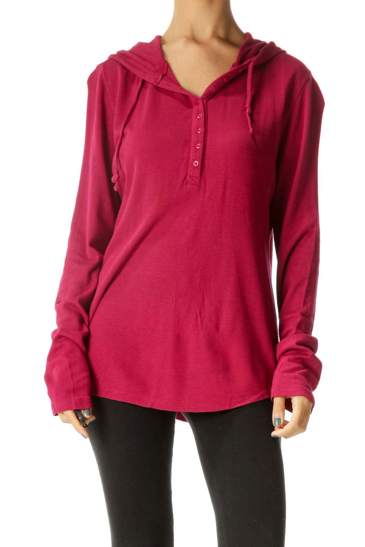 Dark Pink Cotton Blend Buttoned Hooded Knit Top