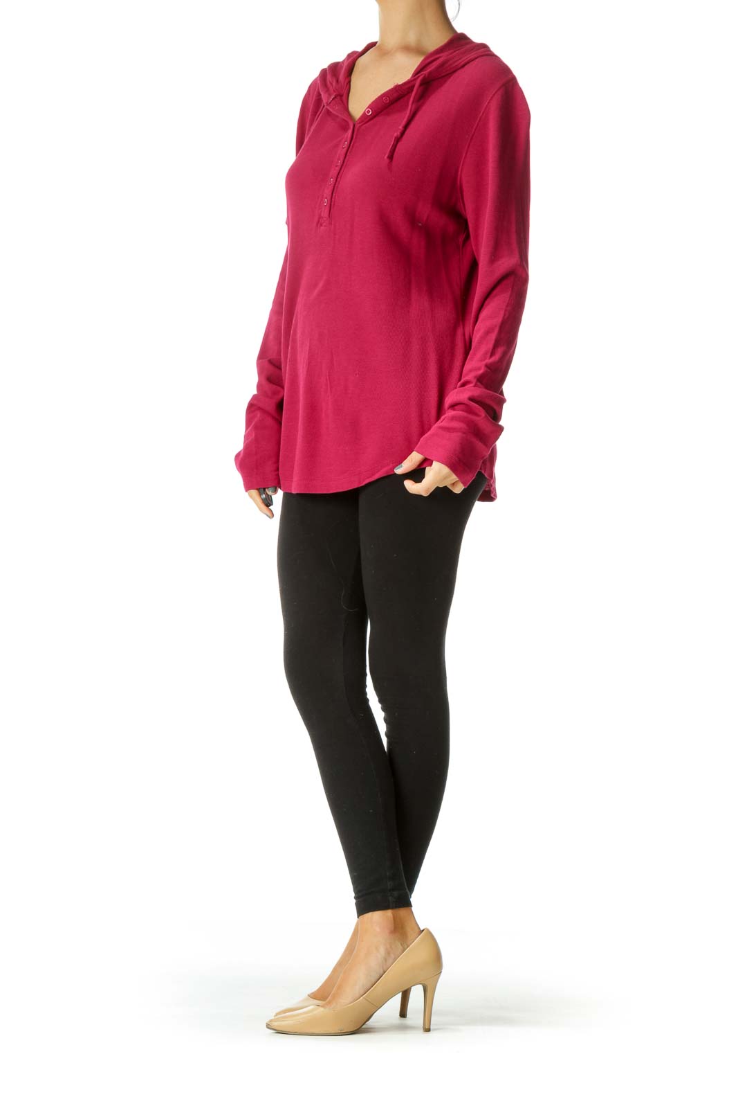 Dark Pink Cotton Blend Buttoned Hooded Knit Top