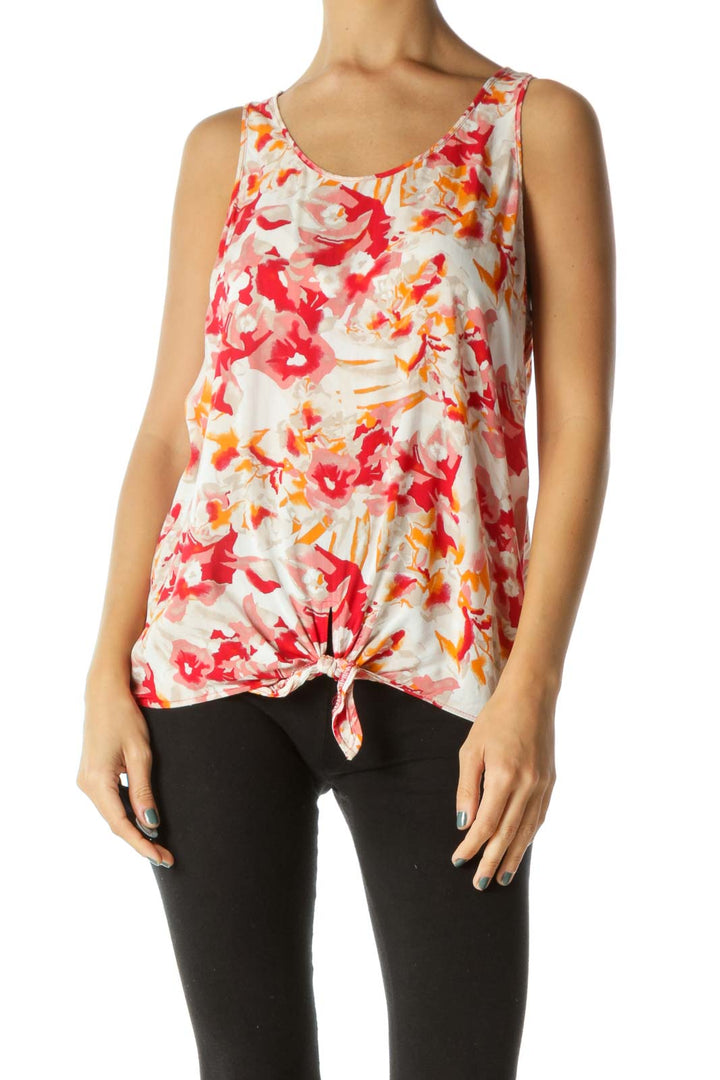 Orange Red Cream Floral Print Lightweight Knot Detail Tank Top