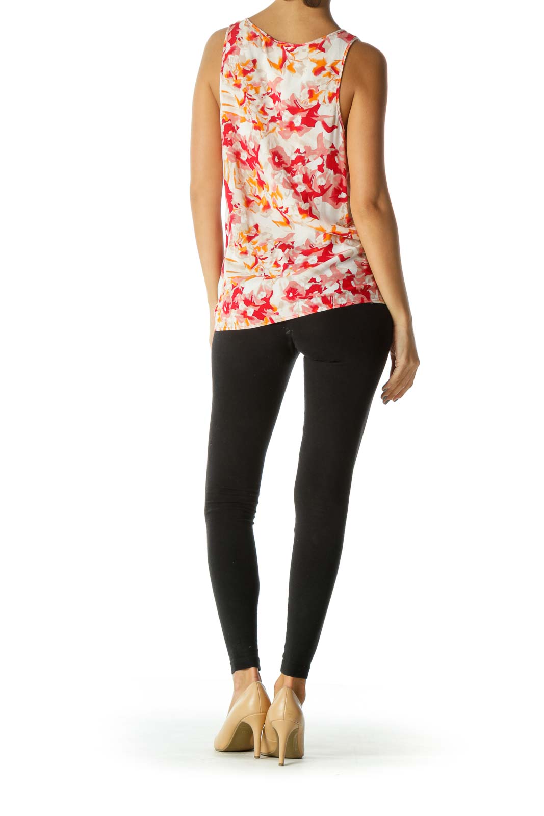 Orange Red Cream Floral Print Lightweight Knot Detail Tank Top