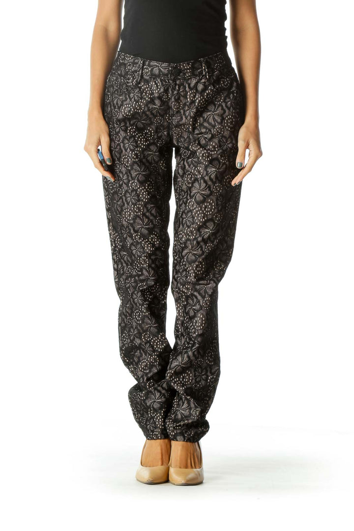 Black Beige Lining Floral Lace Knit Textured Pants