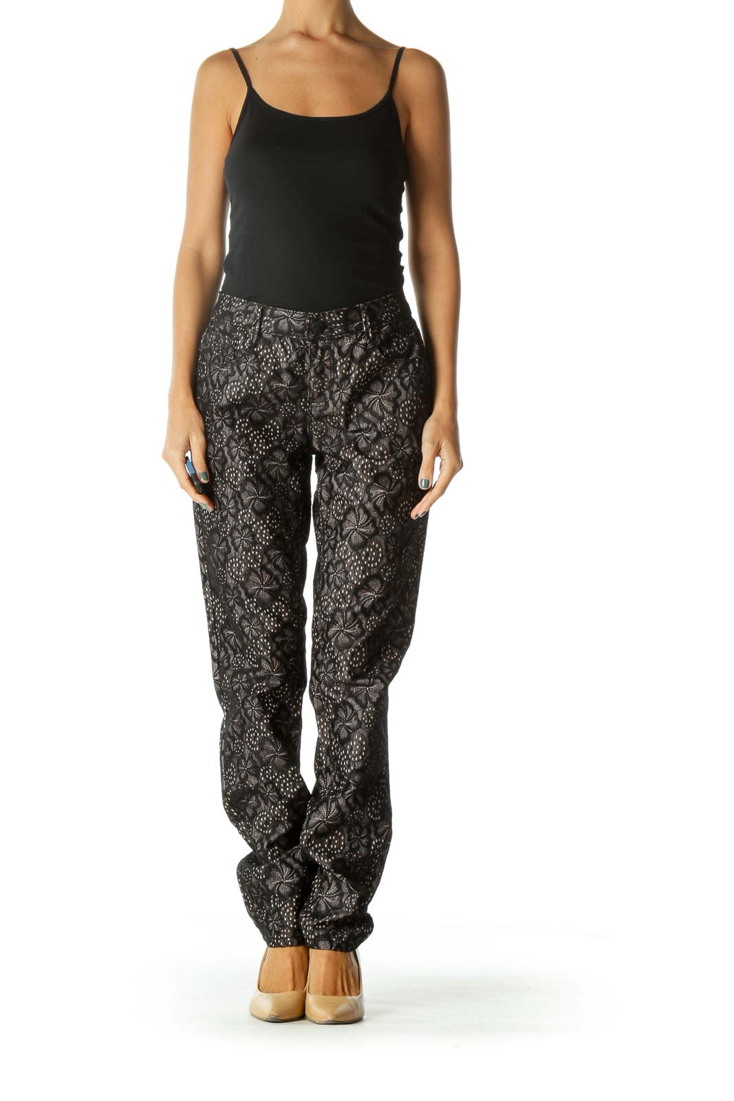 Black Beige Lining Floral Lace Knit Textured Pants