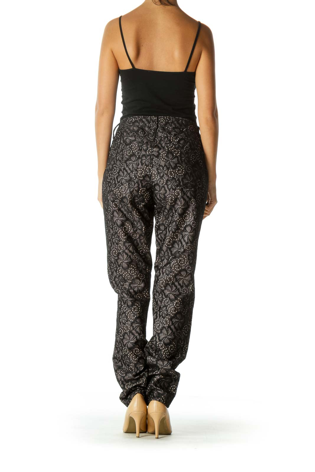 Black Beige Lining Floral Lace Knit Textured Pants