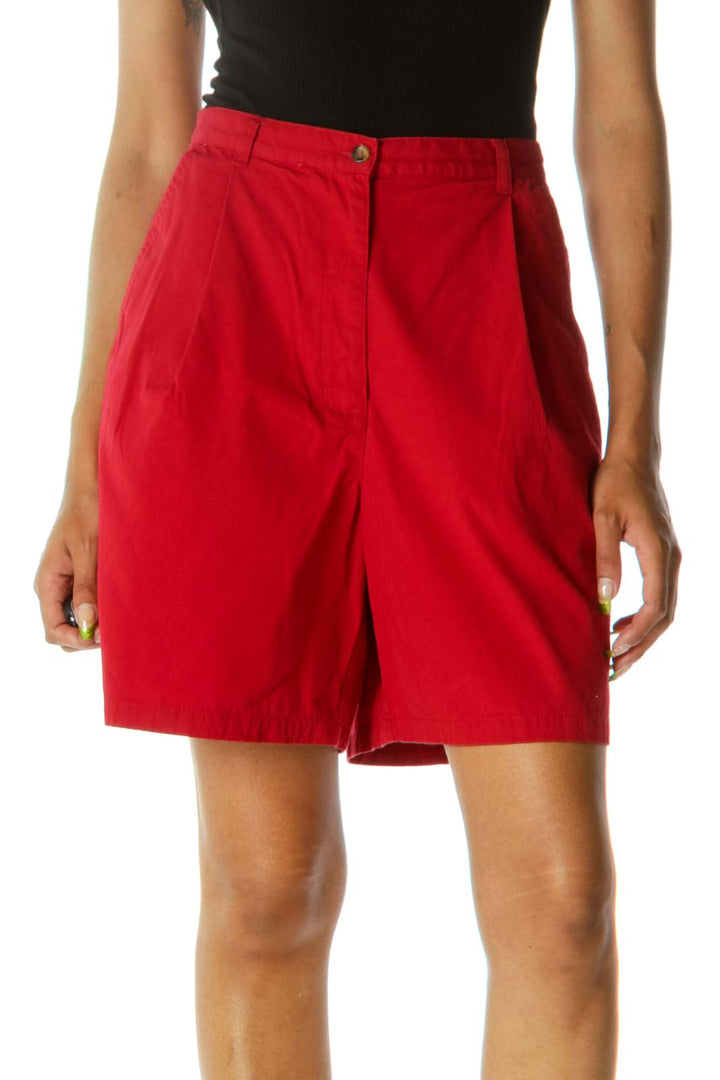 Red 100% Cotton Pleated High-Waist Shorts