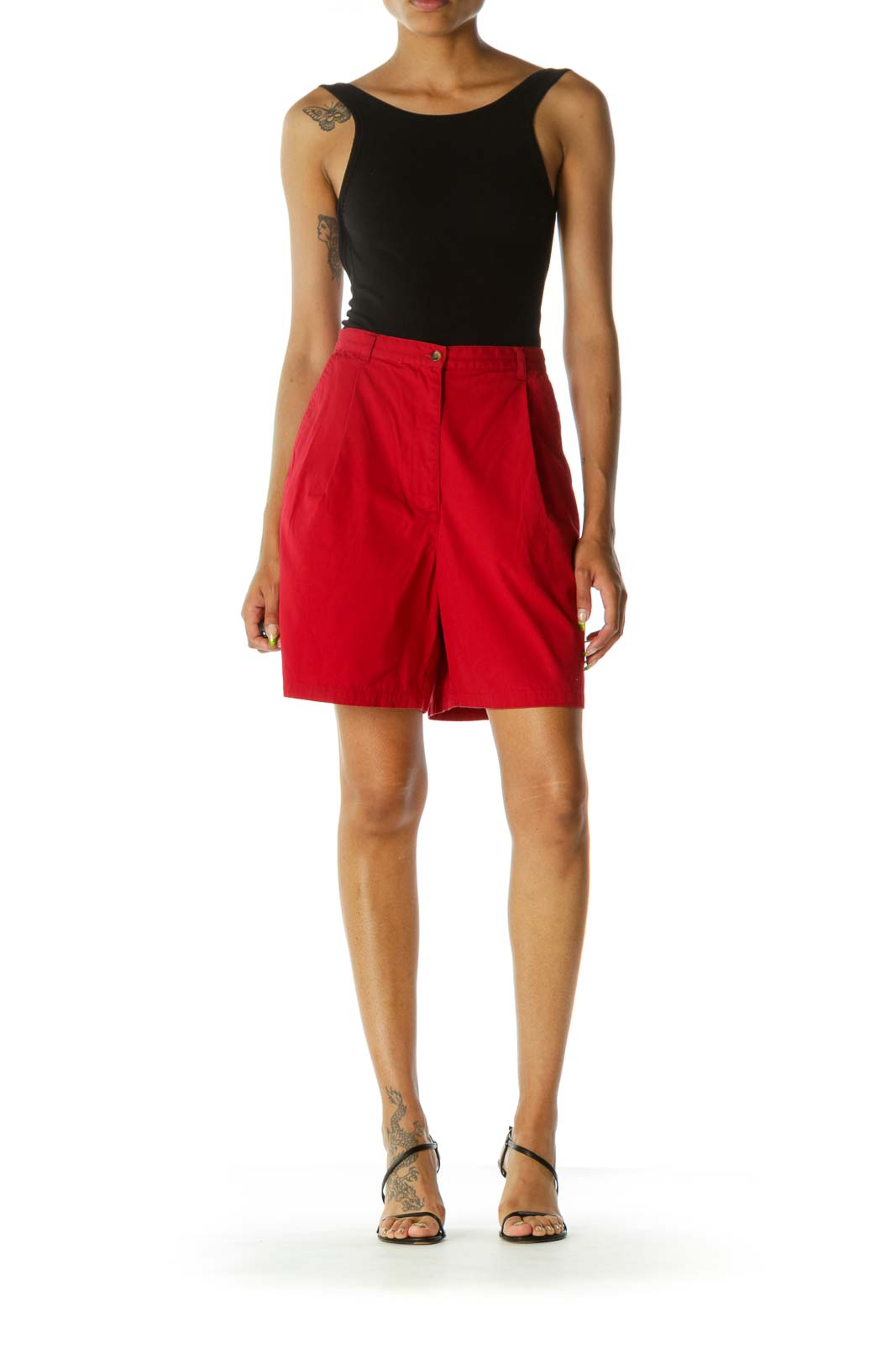 Red 100% Cotton Pleated High-Waist Shorts