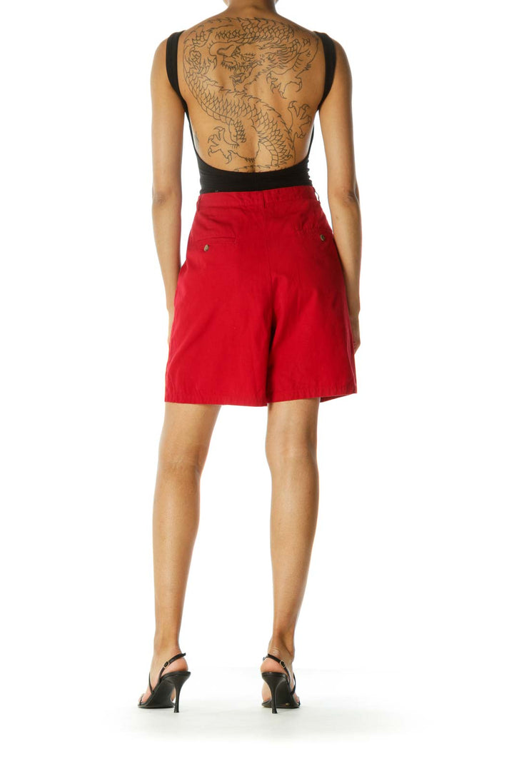 Red 100% Cotton Pleated High-Waist Shorts