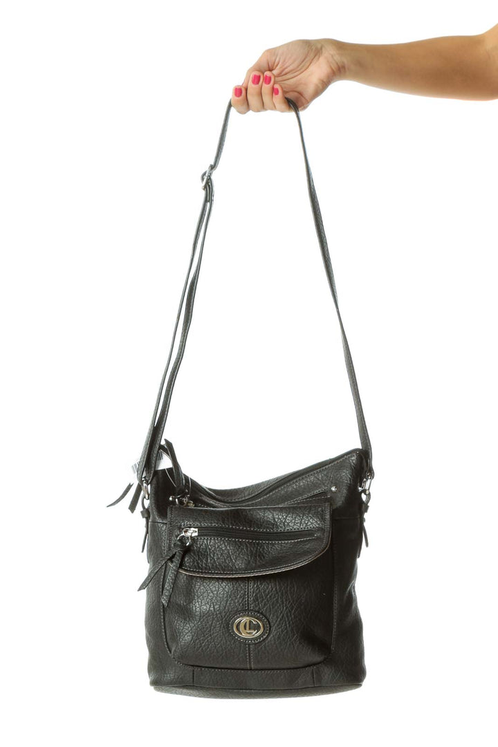 Black Faux-Textured-Leather Pocketed Crossbody Bag