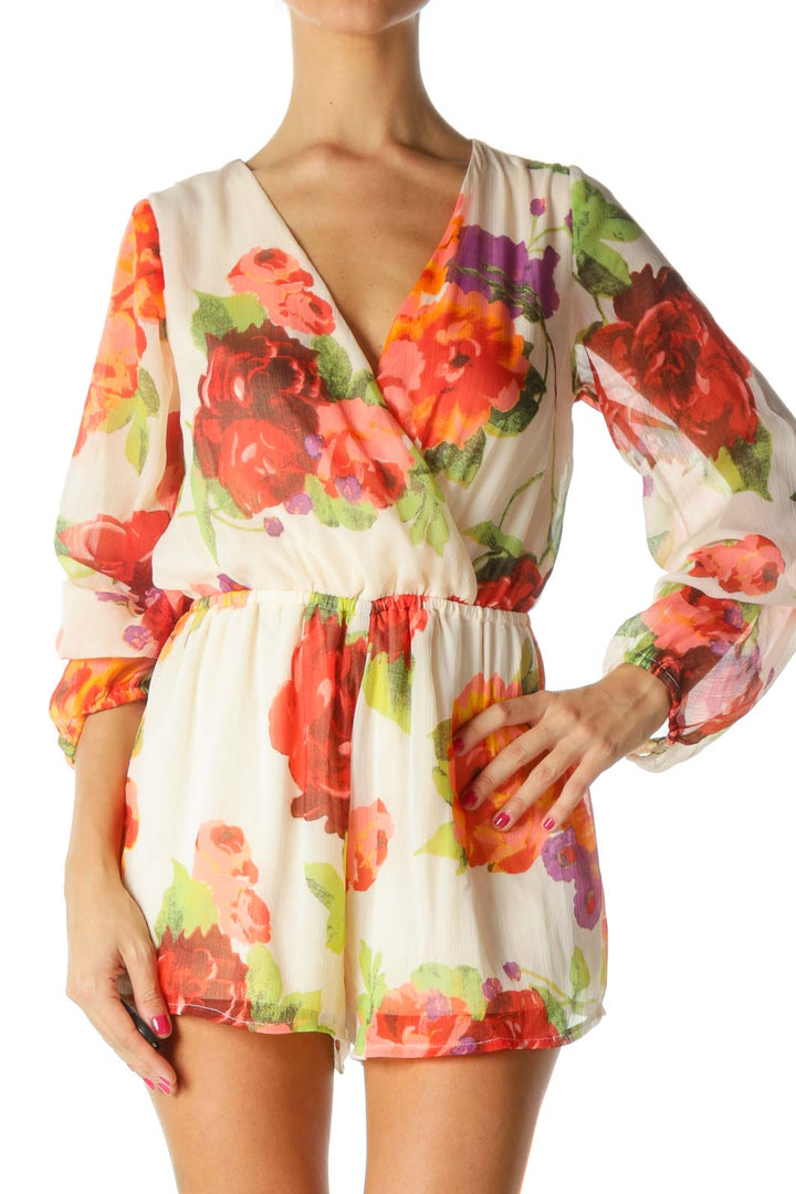 Orange Green Purple Floral Print Surplice Long Sleeve Romper