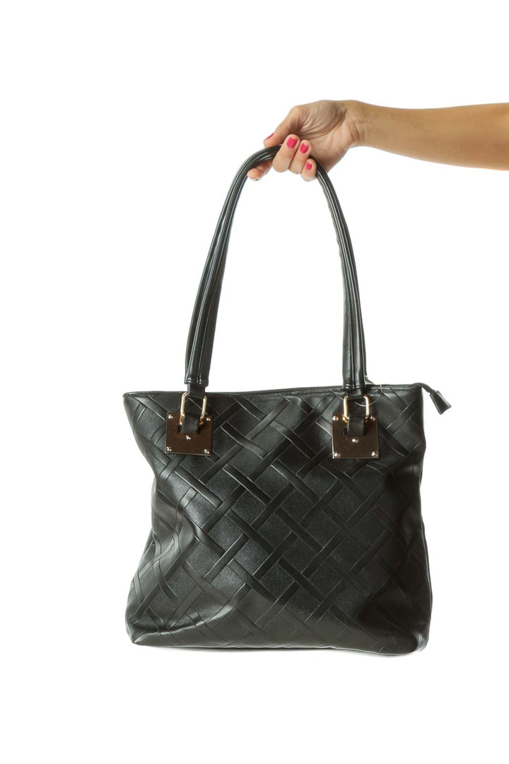 Black Gold Hardware Textured Double-Straps Zippered Tote