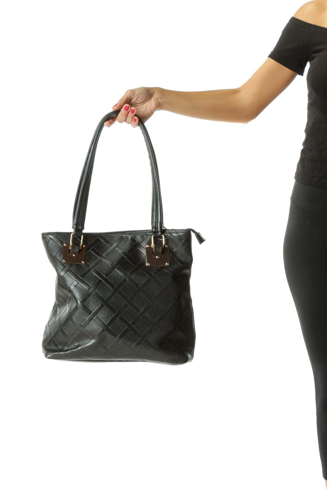 Black Gold Hardware Textured Double-Straps Zippered Tote