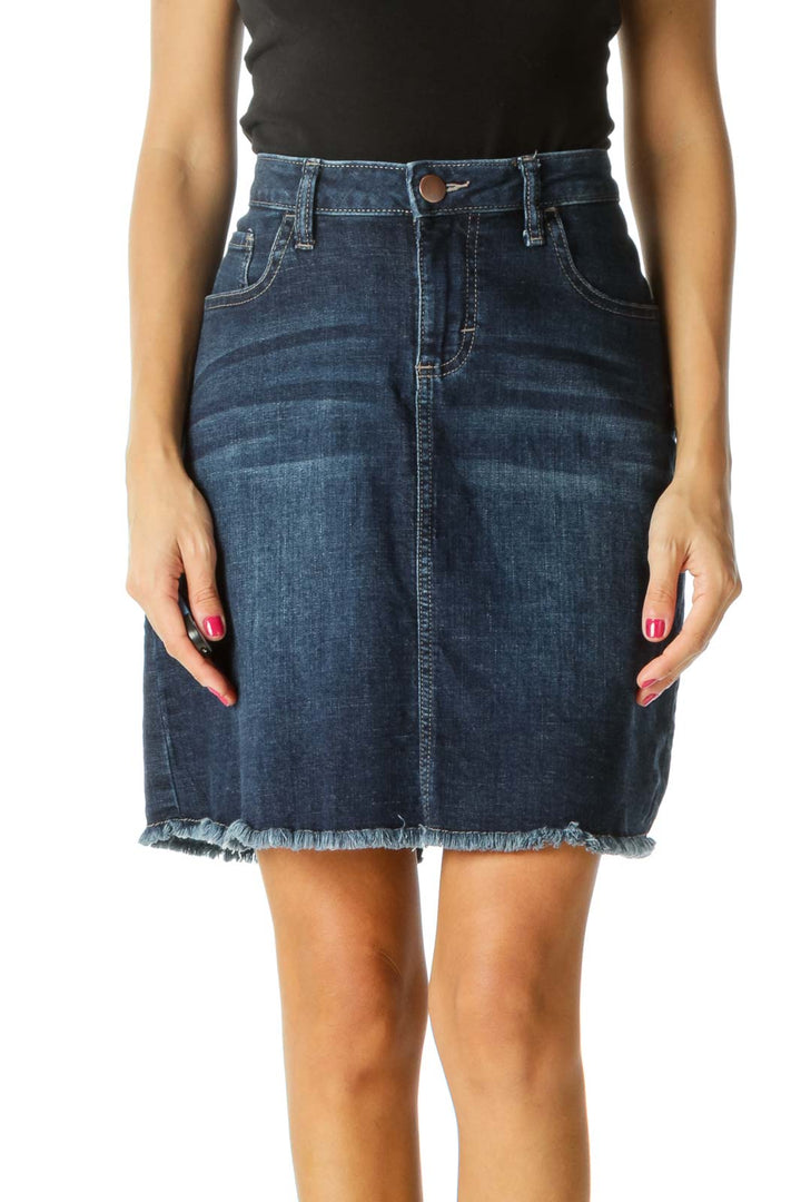 Blue Dark Wash Raw Hem Stretch Denim Skirt