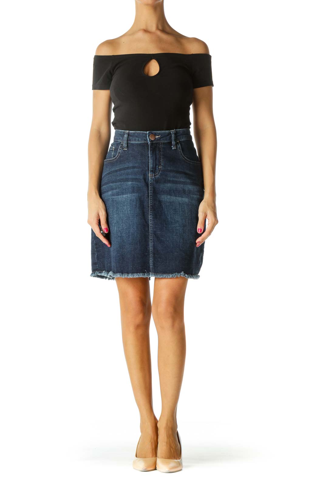 Blue Dark Wash Raw Hem Stretch Denim Skirt