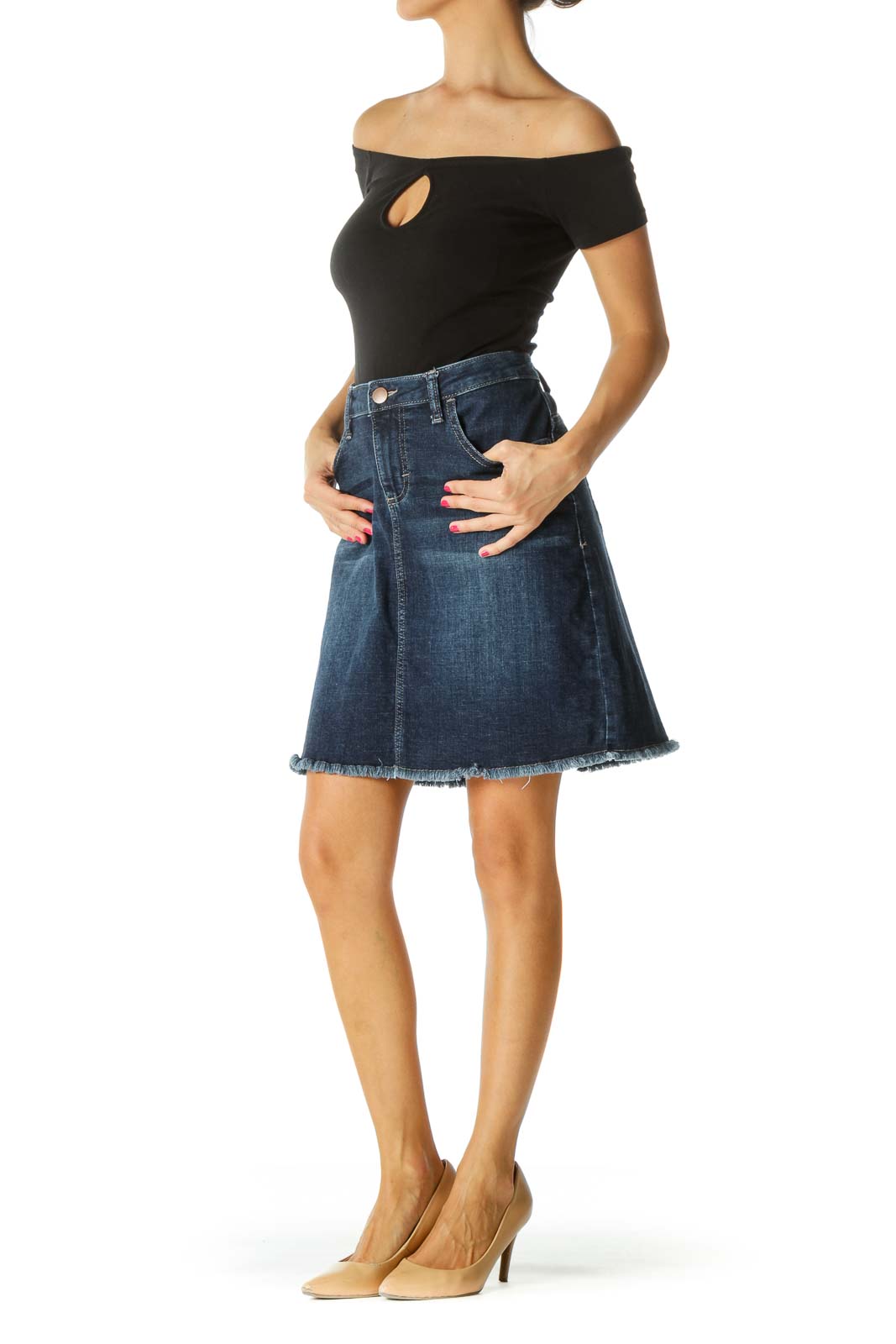 Blue Dark Wash Raw Hem Stretch Denim Skirt