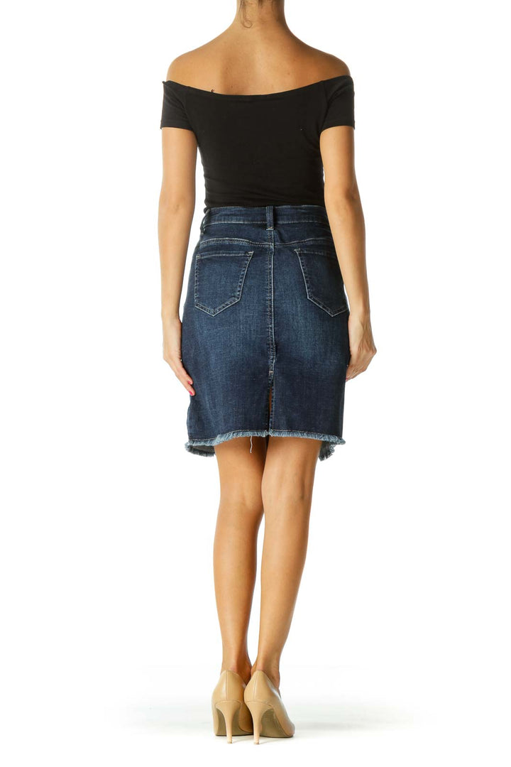 Blue Dark Wash Raw Hem Stretch Denim Skirt