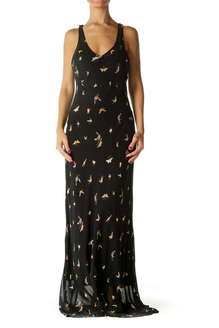 Black Beige Yellow Butterfly Print Maxi Dress