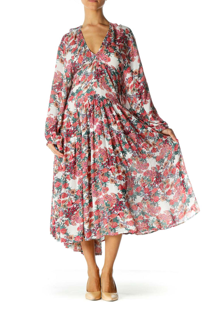 Red Floral Relax Ruffled Dress