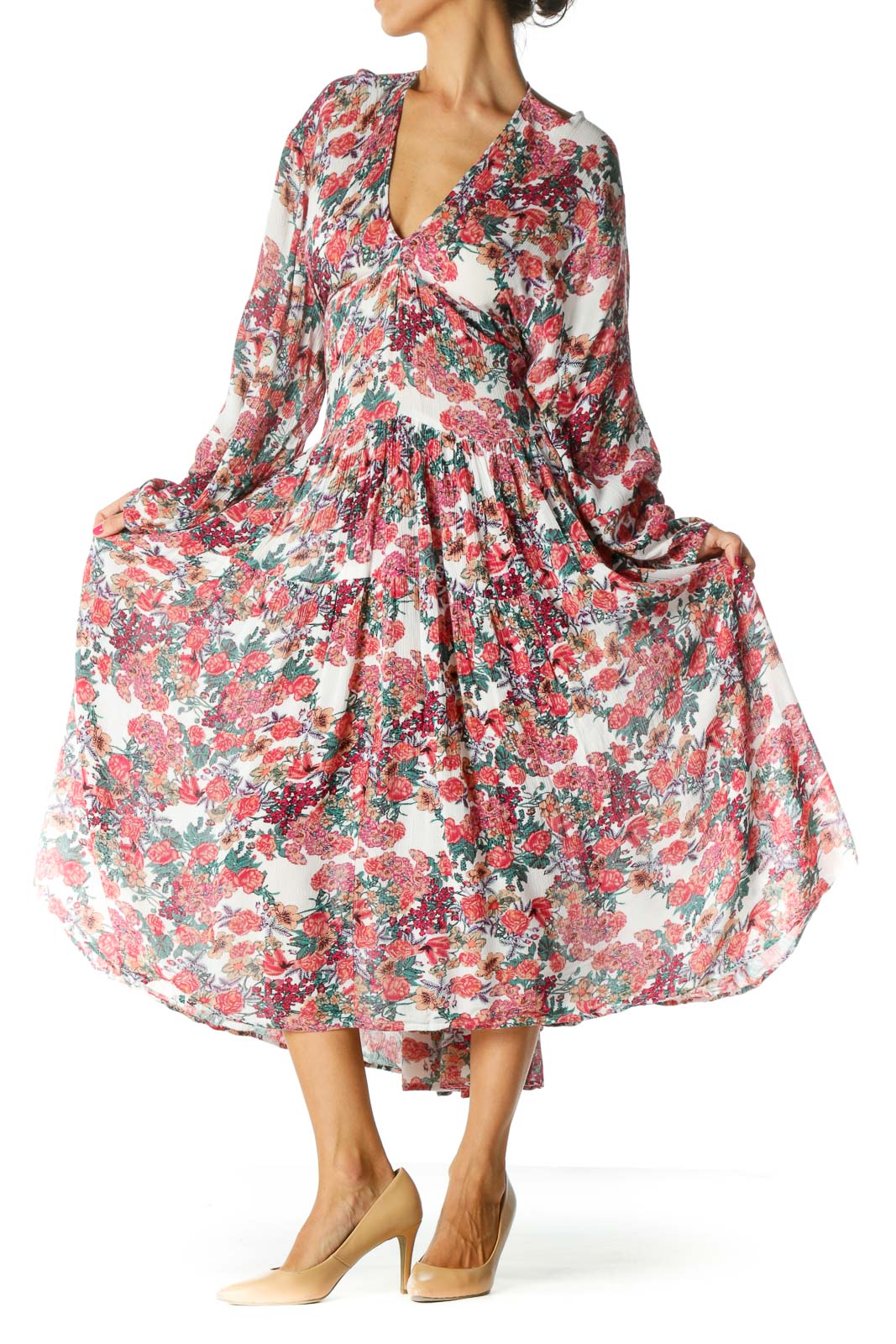 Red Floral Relax Ruffled Dress