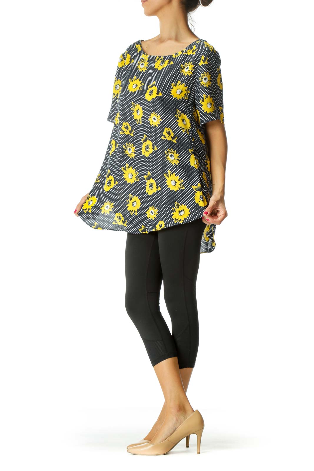 Navy & Yellow Floral Polka Dot Blouse