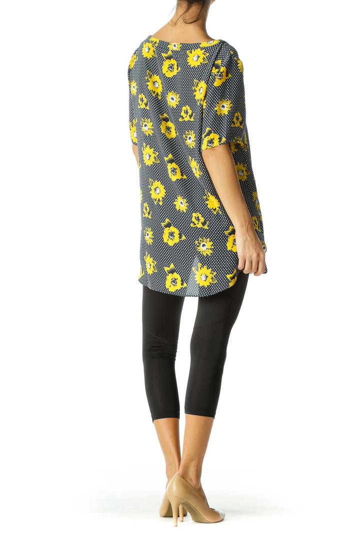 Navy & Yellow Floral Polka Dot Blouse