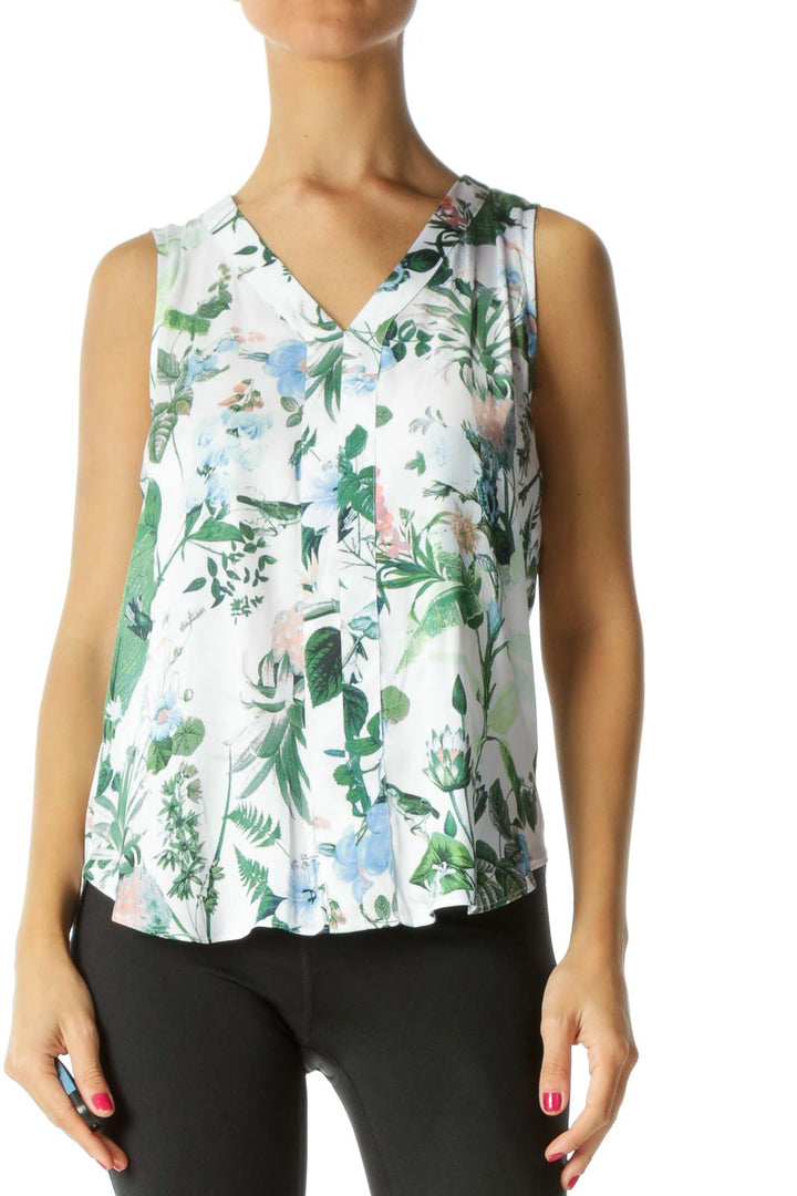 White&Green Floral Print Sleeveless Blouse