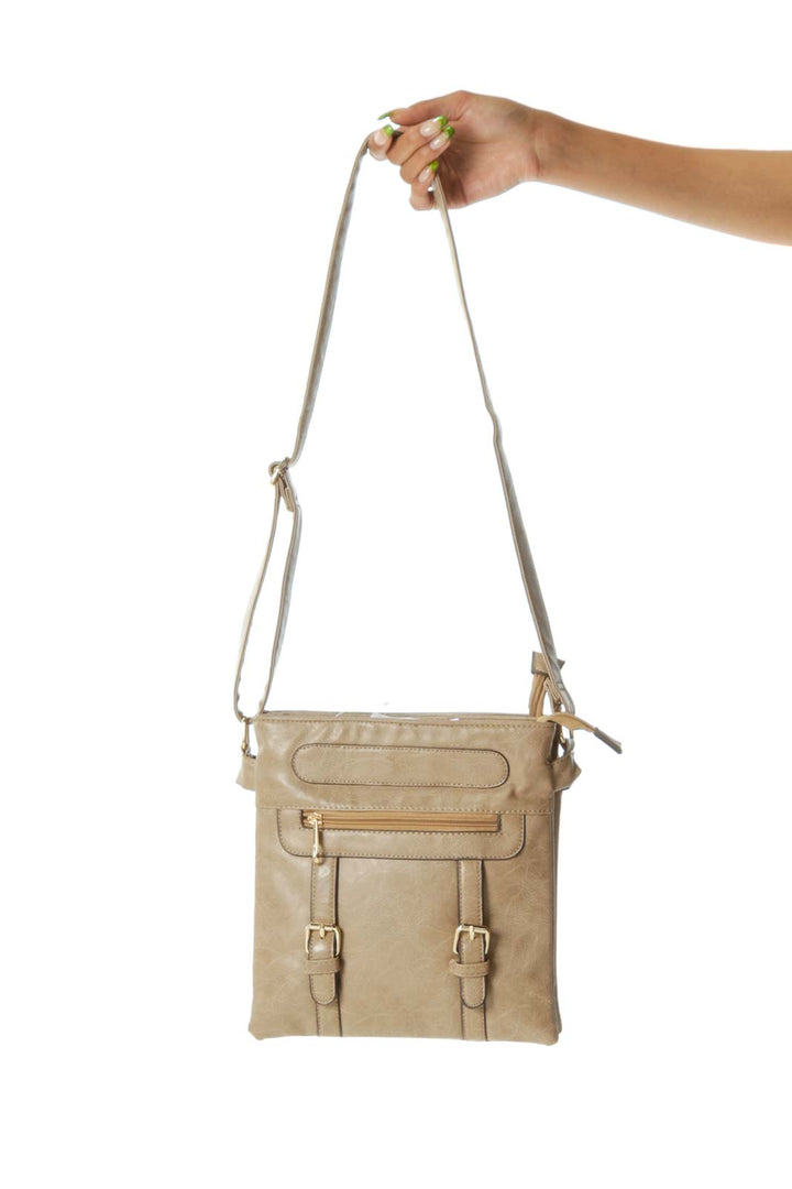 Beige Multi-Pockets Gold-Hardware Crossbody Bag