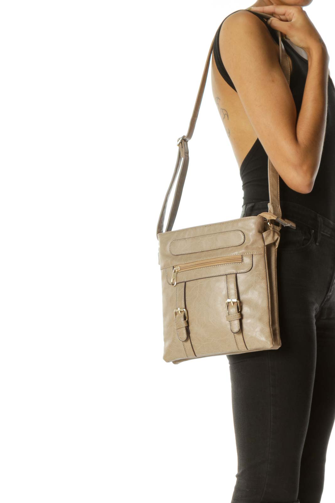 Beige Multi-Pockets Gold-Hardware Crossbody Bag