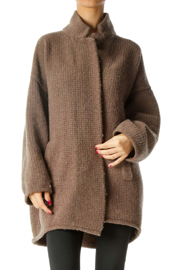 Brown Merino Wool Textured Cardigan