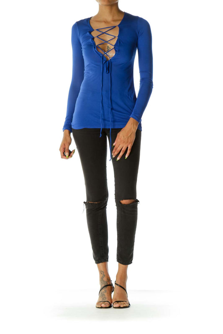 Blue Front Drawstring Long Sleeve Tshirt