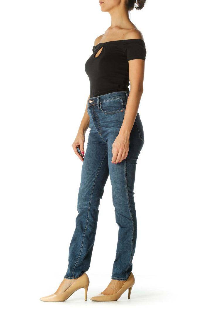 Blue Medium-Wash Distressed High-Waist Stretch Slim-Fit Jeans