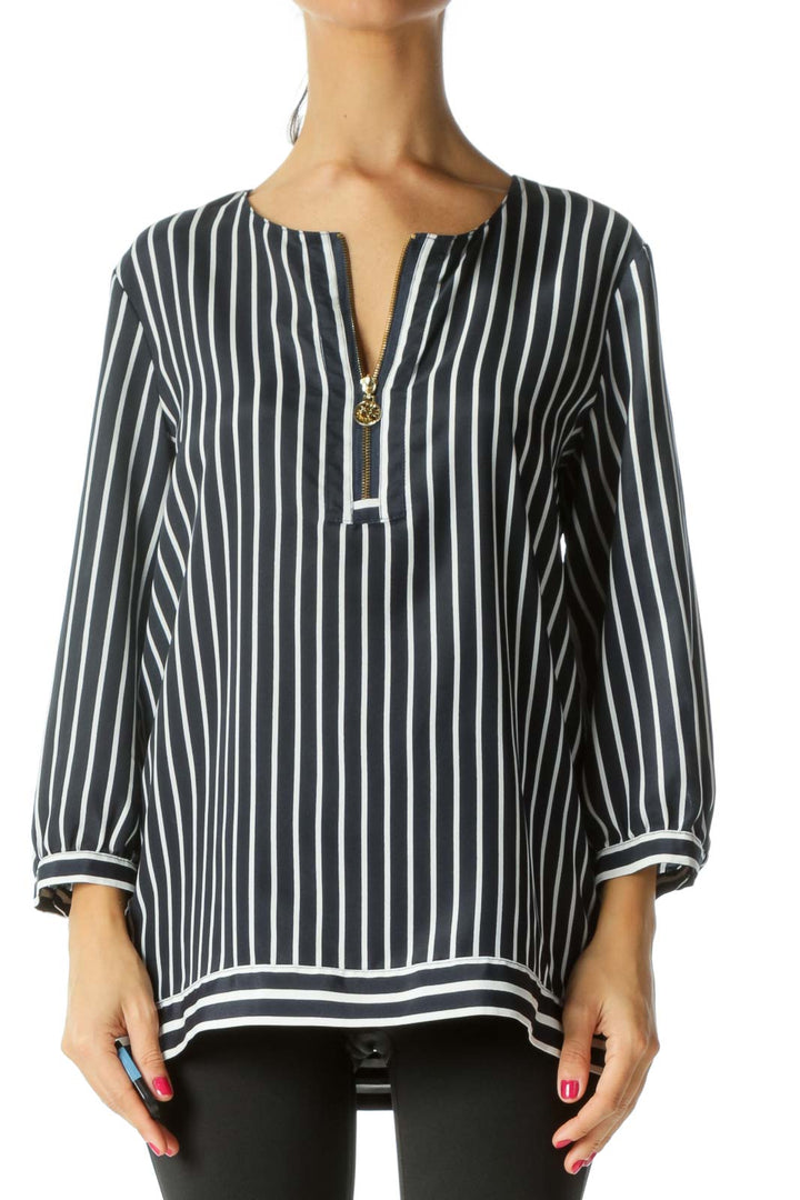 Navy Visible Front Zip Striped Blouse