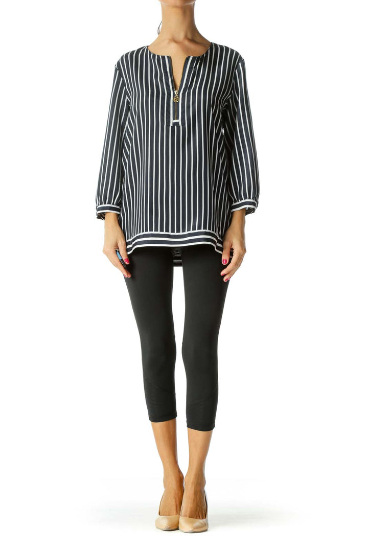 Navy Visible Front Zip Striped Blouse