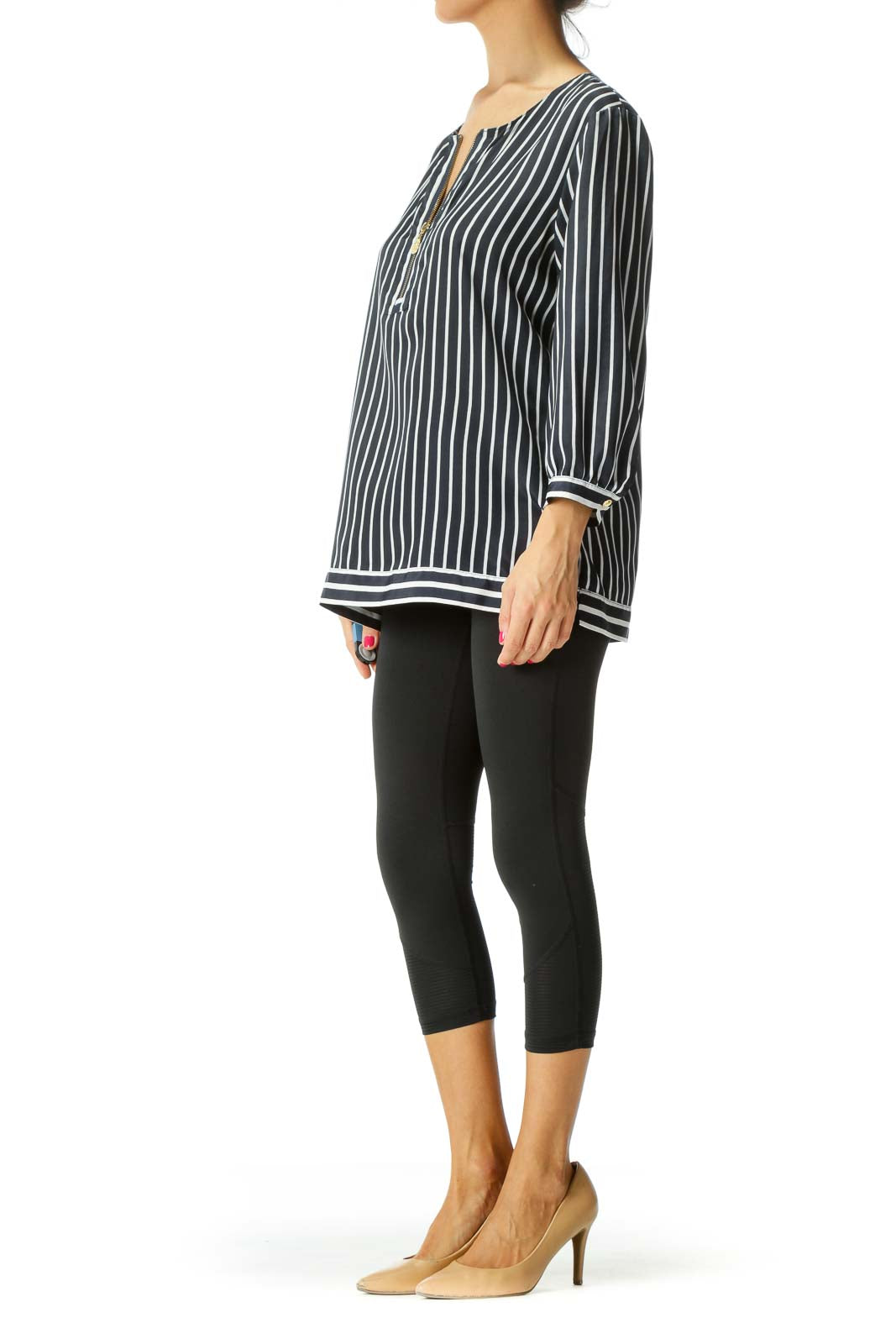 Navy Visible Front Zip Striped Blouse