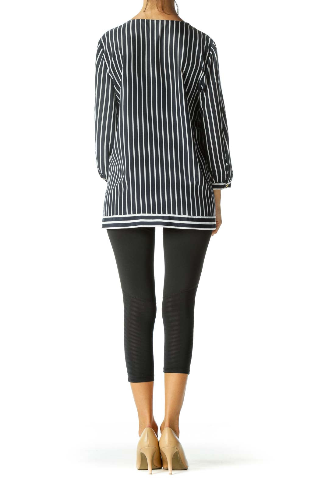 Navy Visible Front Zip Striped Blouse