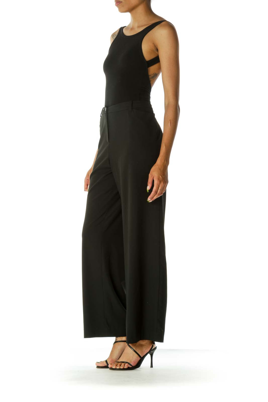 Black Stretch Thin Wide-Leg Front Pockets Slacks