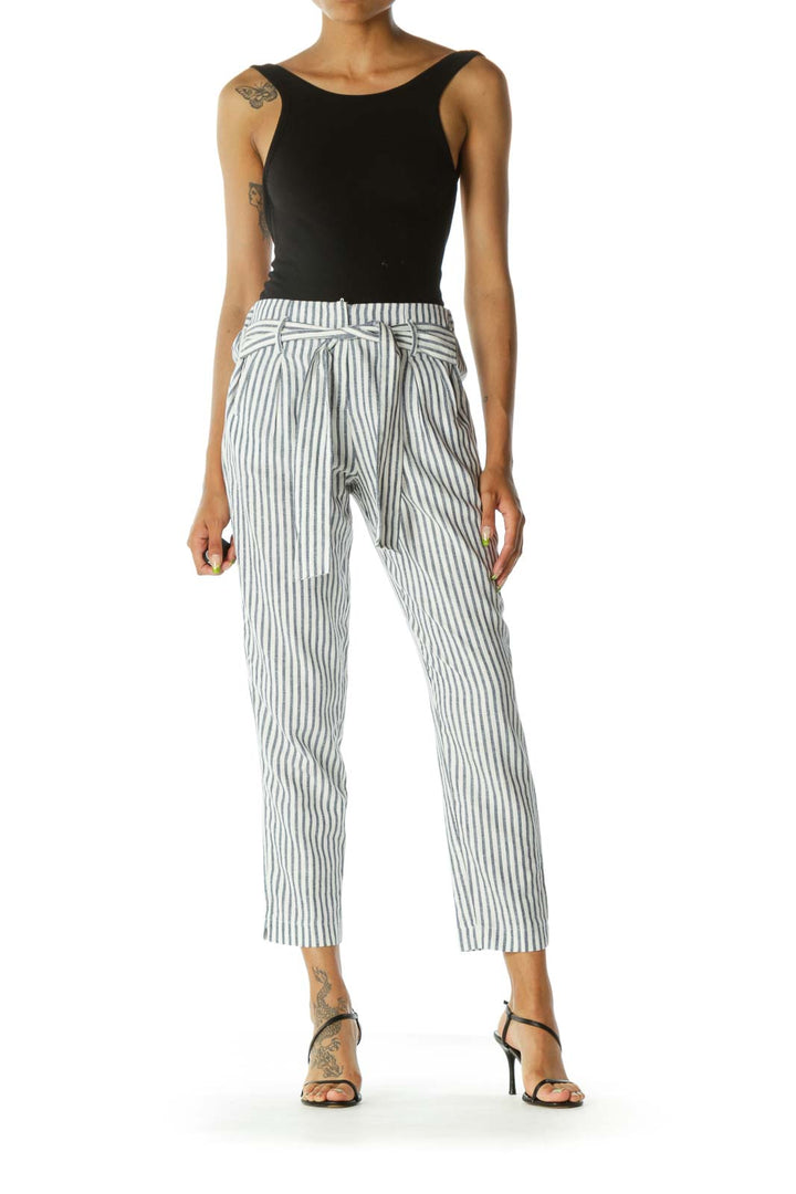 Blue Crean Striped Linen Pant