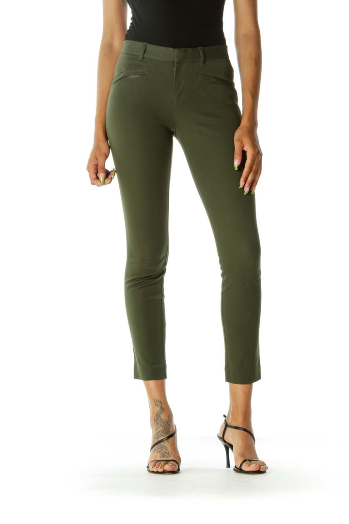 Green Stretch Hidden Front Zipper Pockets Skinny Ankle Pants