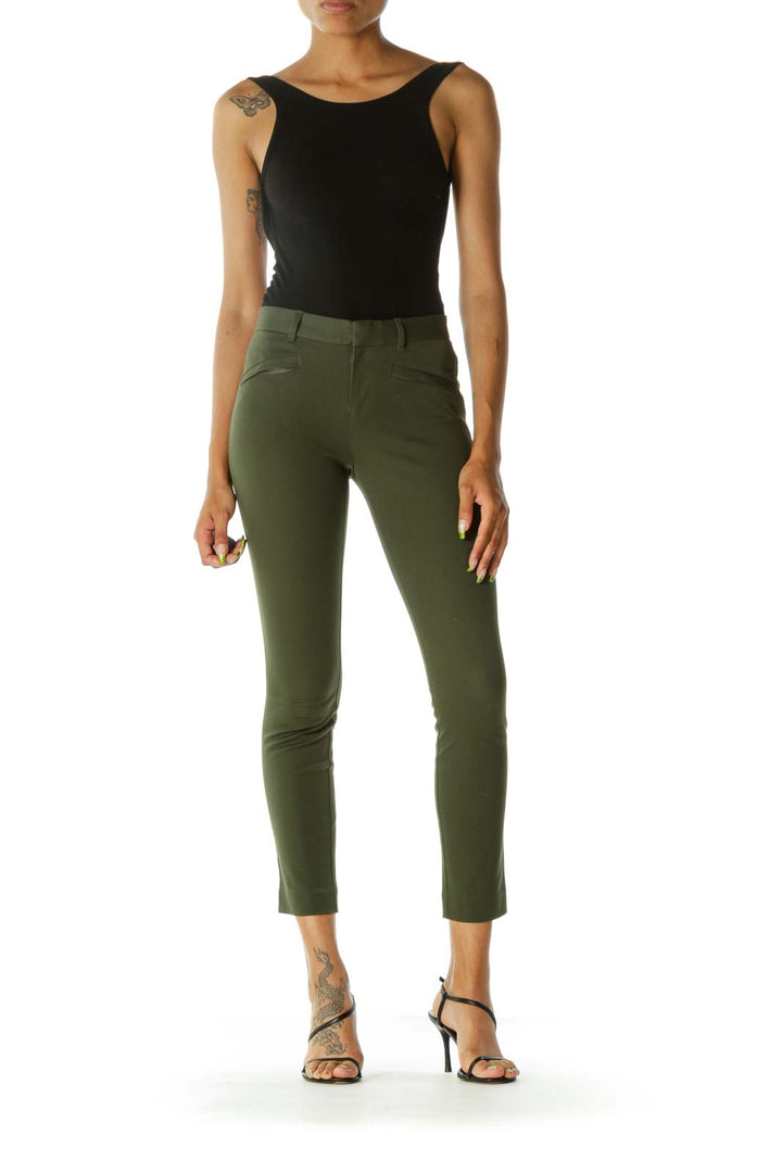 Green Stretch Hidden Front Zipper Pockets Skinny Ankle Pants