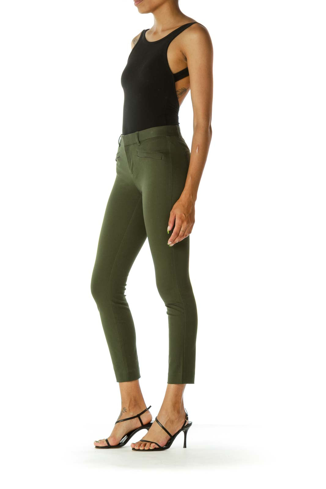 Green Stretch Hidden Front Zipper Pockets Skinny Ankle Pants