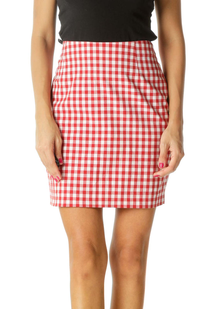 Red White Gingham Cinched Waist Textured Skirt