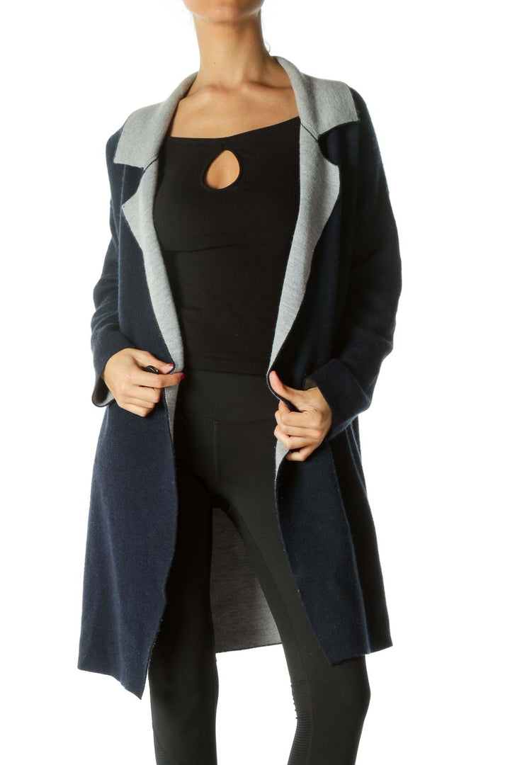 Navy Blue Gray Open Soft Knit Pocketed Cardigan