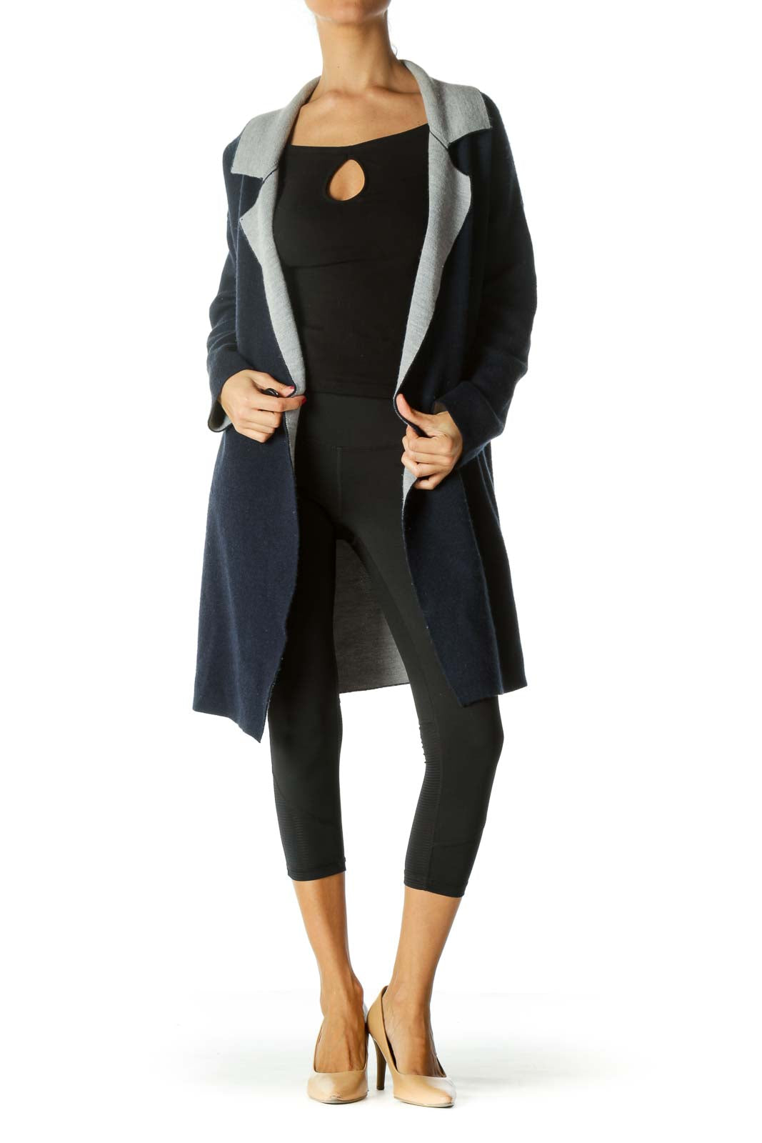 Navy Blue Gray Open Soft Knit Pocketed Cardigan