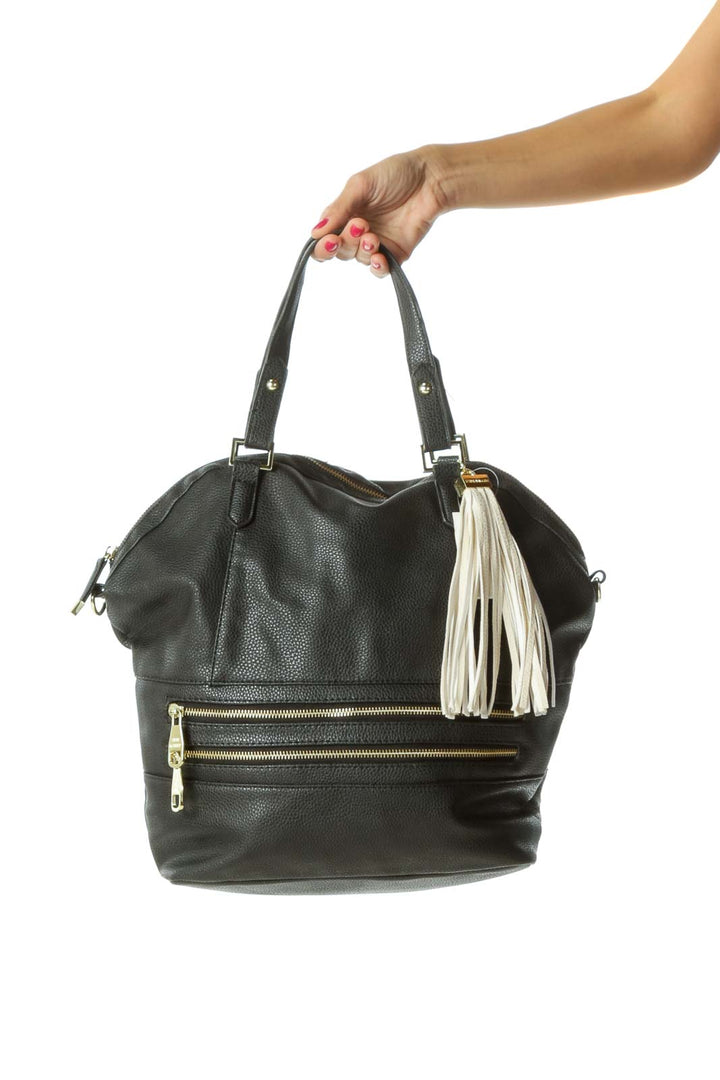 Black Cream Tassel Gold Hardware Zippered Two-Straps Satchel