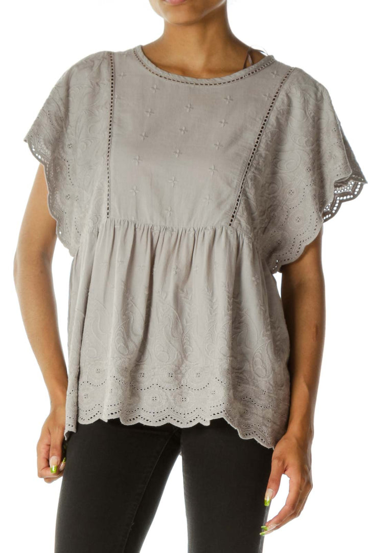 Gray Embroidered Short Sleeve Top