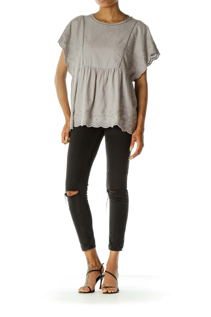 Gray Embroidered Short Sleeve Top