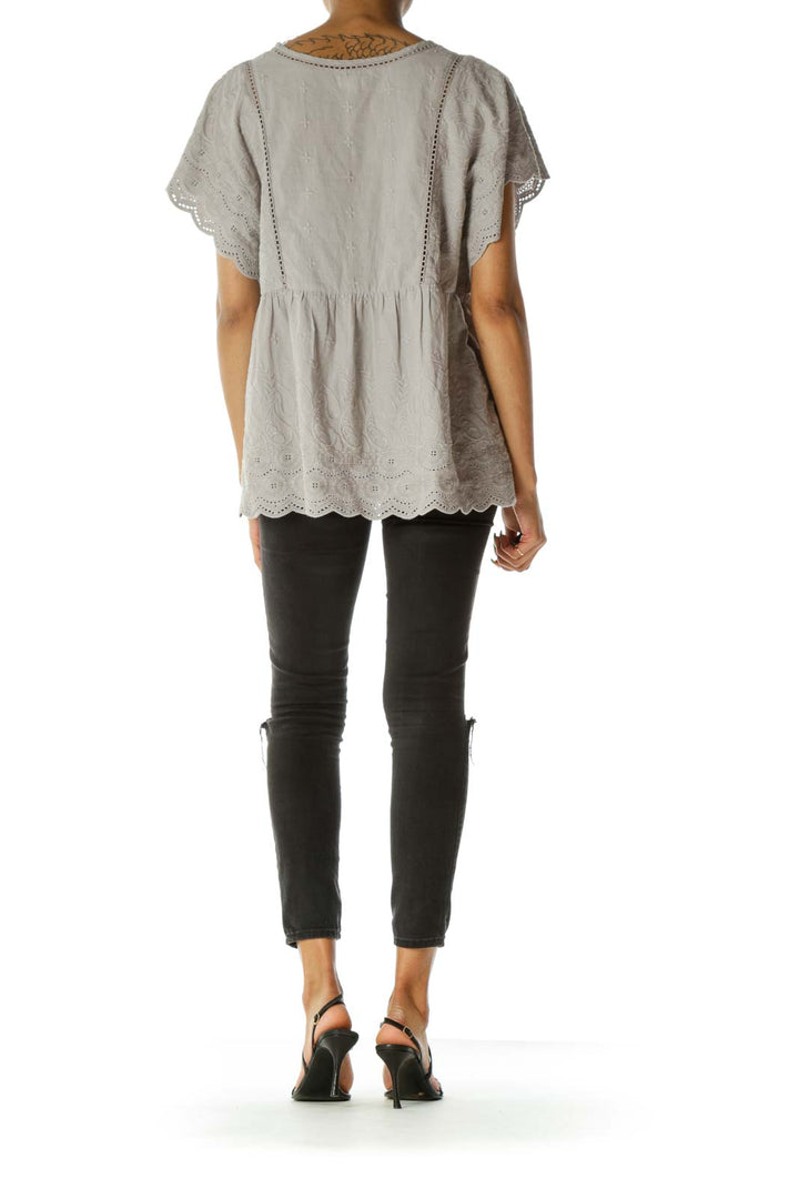 Gray Embroidered Short Sleeve Top