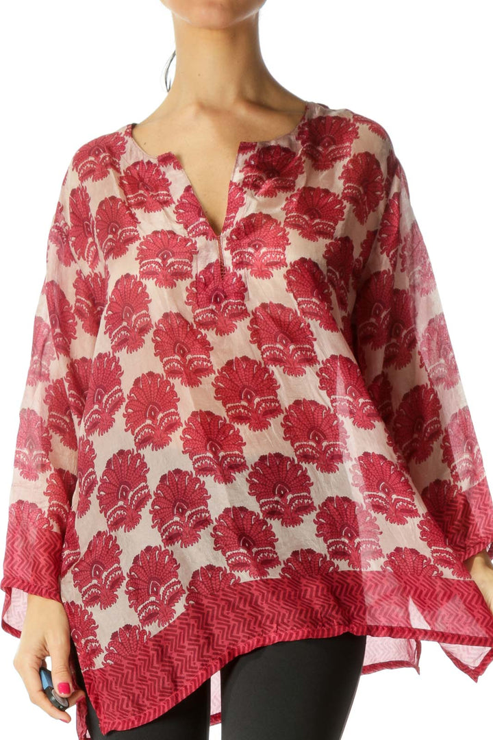 Red Sheer Printed 100% Silk Blouse