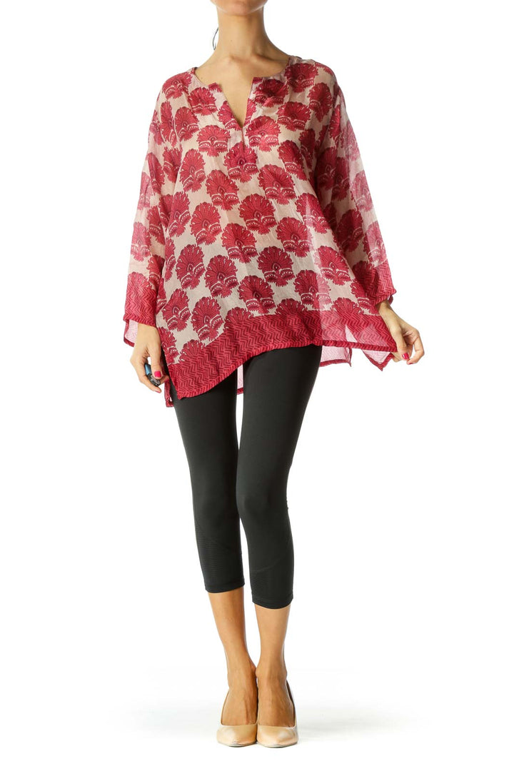 Red Sheer Printed 100% Silk Blouse